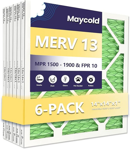 Maycold MERV 13 14x14x1 Air Filter (6-Pack), High-Efficiency Pleated AC & Furnace Filters, Actual Size:13.70" x 13.70" x 0.75", Individually Wrapped in Plastic