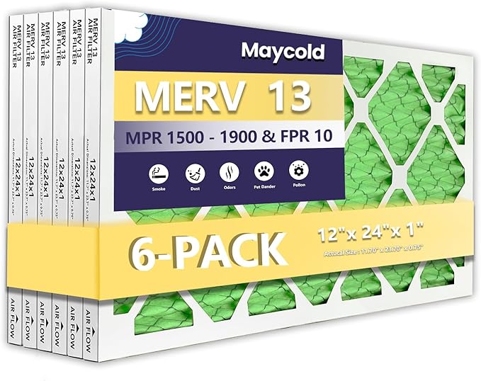Maycold MERV 13 12x24x1 Air Filter (6-Pack), High-Efficiency Pleated AC & Furnace Filters, Actual Size: 11.70" x 23.70" x 0.75", Individually Wrapped in Plastic
