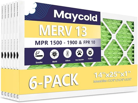 Maycold MERV 13 14x25x1 Air Filter (6-Pack), High-Efficiency Pleated AC & Furnace Filters, Actual Size: 13.70" x 24.70" x 0.75", Individually Wrapped in Plastic