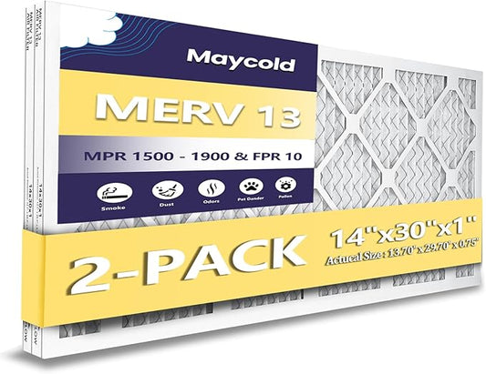 Maycold MERV 13 14x30x1 Air Filter (2-Pack), High-Efficiency Pleated AC & Furnace Filters, Actual Size: 13.70” x 29.70” x 0.75”, Individually Wrapped in Plastic