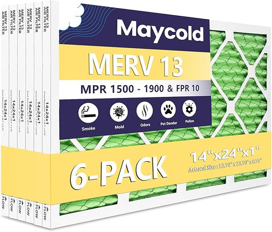 Maycold MERV 13 14x24x1 Air Filter (6-Pack), High-Efficiency Pleated AC & Furnace Filters, Actual Size: 13.70” x 23.70” x 0.75”, Individually Wrapped in Plastic