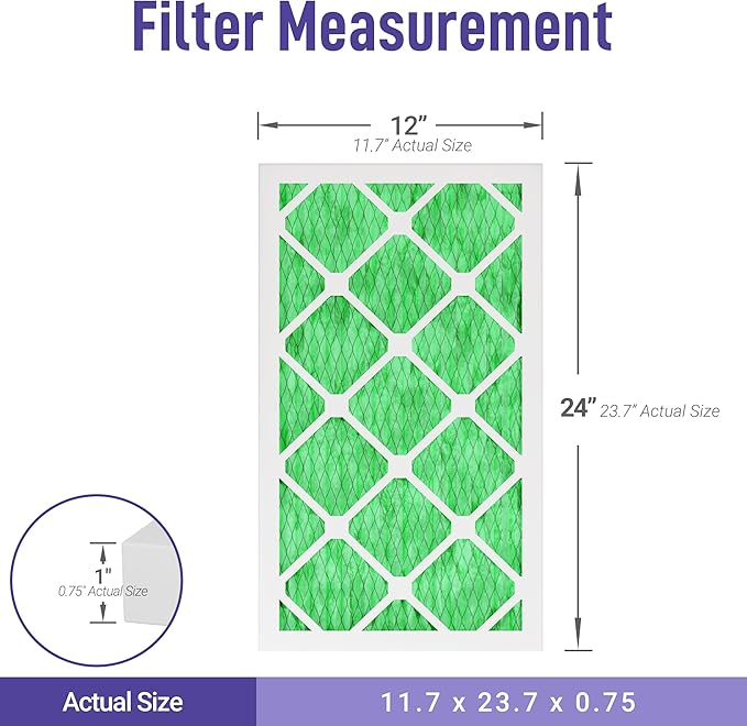 Maycold MERV 13 12x24x1 Air Filter (6-Pack), High-Efficiency Pleated AC & Furnace Filters, Actual Size: 11.70" x 23.70" x 0.75", Individually Wrapped in Plastic