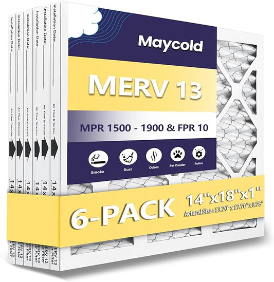 Maycold MERV 13 14x18x1 Air Filter (6-Pack), High-Efficiency Pleated AC & Furnace Filters, Actual Size: 13.70” x 17.70” x 0.75”, Individually Wrapped in Plastic